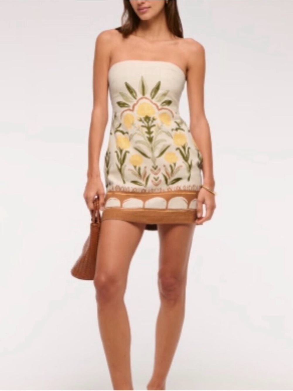 Abercrombie & Fitch Strapless Embroidered Mini Dress in Cream, Yellow and Brown